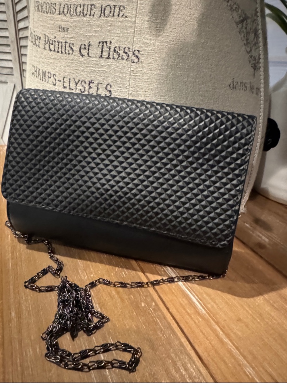 Neiman Marcus Black Textured Crossbody Bag with Chain Strap